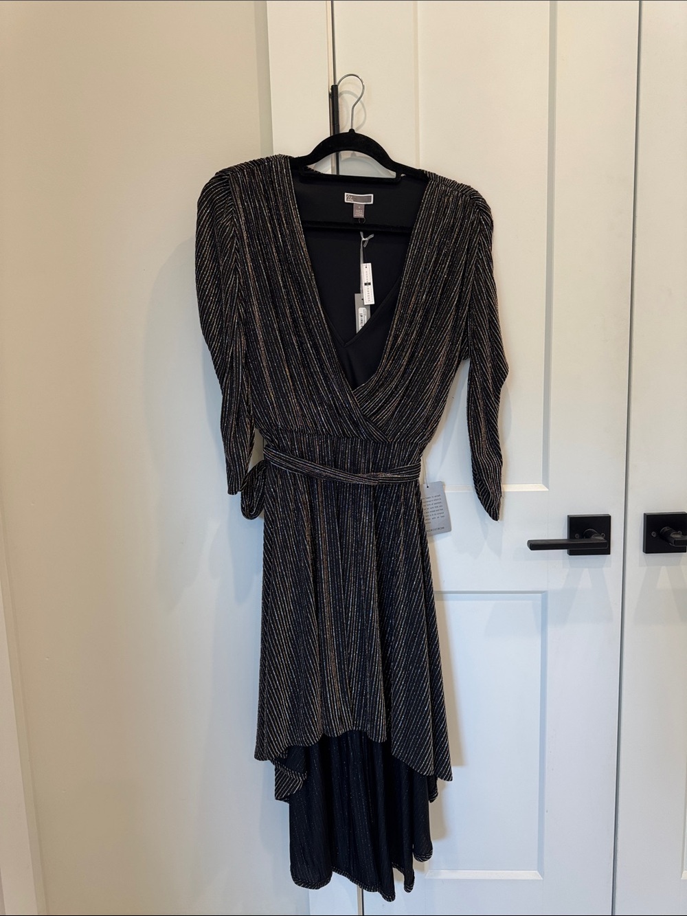 Chelsea28 Black V-Neck Dress with Metallic Silver and Gold Stripes